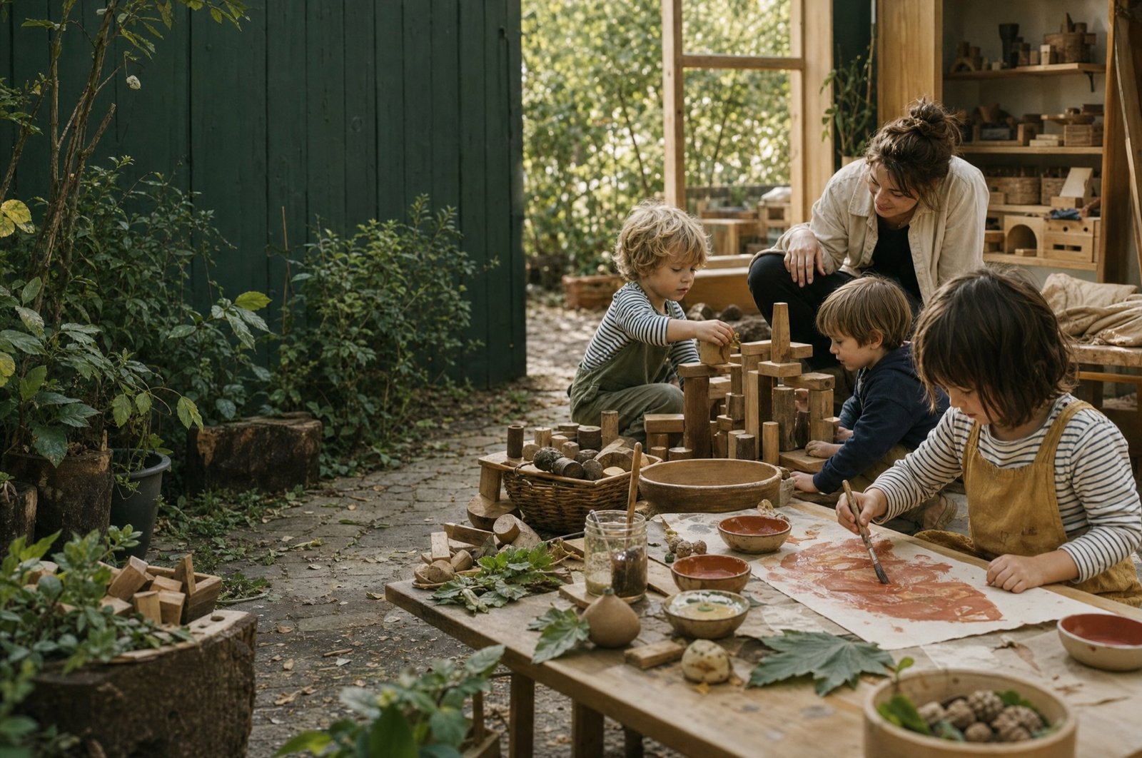 Kinder gestalten und bauen gemeinsam mit einer Pädagogin im Garten